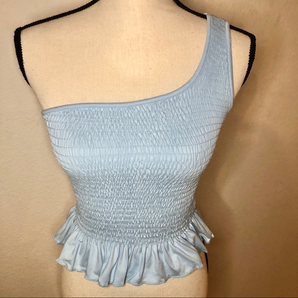 Gaze Baby Blue Ruffle One Shoulder Stretchy Peplum Blouse Top Size S - Picture 2 of 5